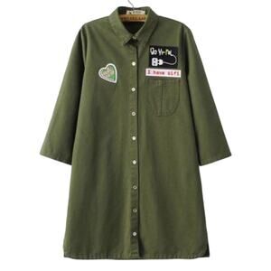 Zara Olive Green Patches Denim Button Down 3/4 Sleeve Shirt Dress sz S Trafaluc